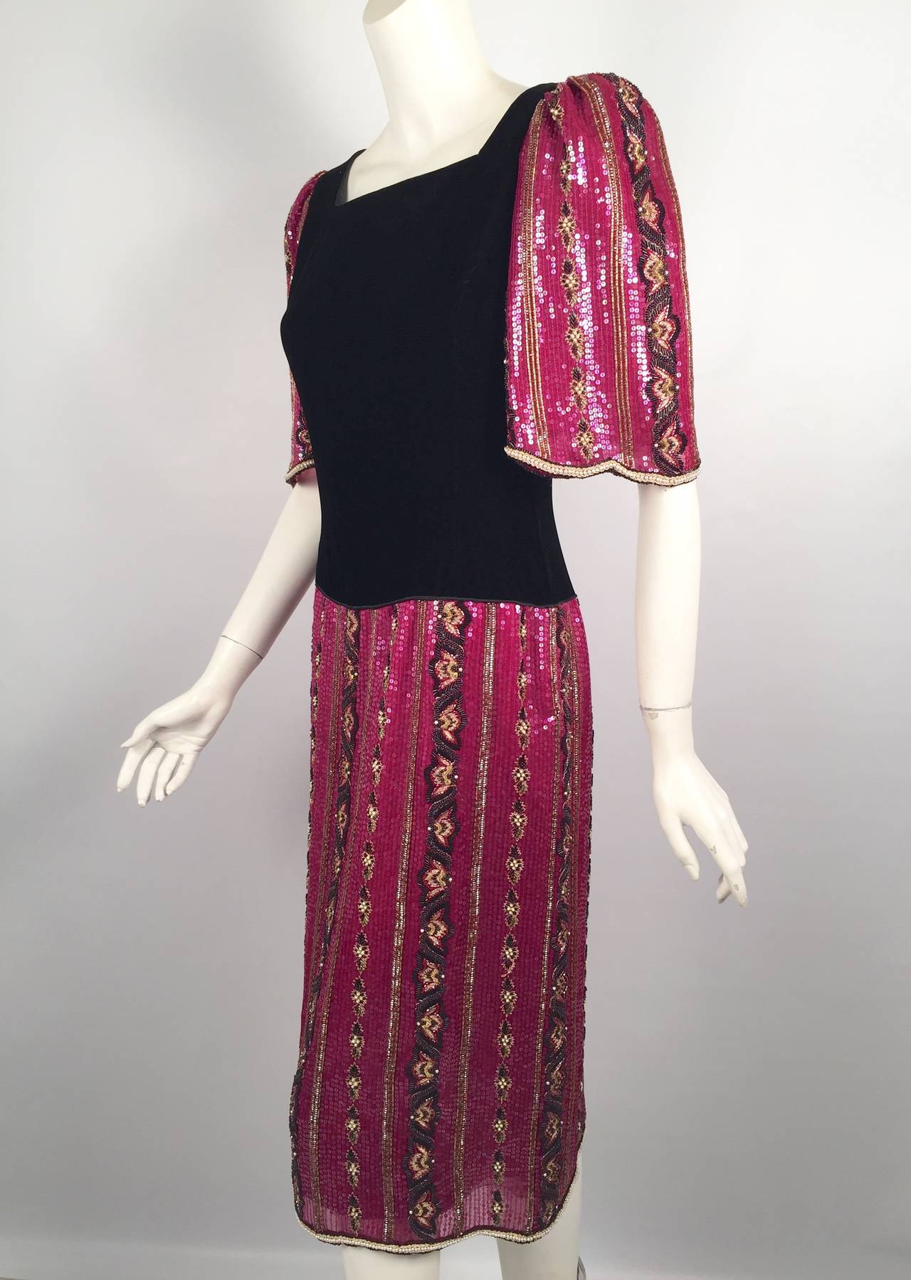 Women's Vintage Mary McFadden Embroidered Silk Dress With Velvet For Sale