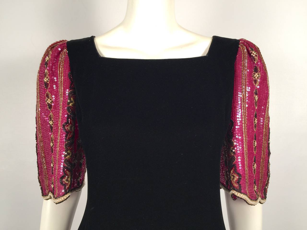 Vintage Mary McFadden Embroidered Silk Dress With Velvet For Sale 1