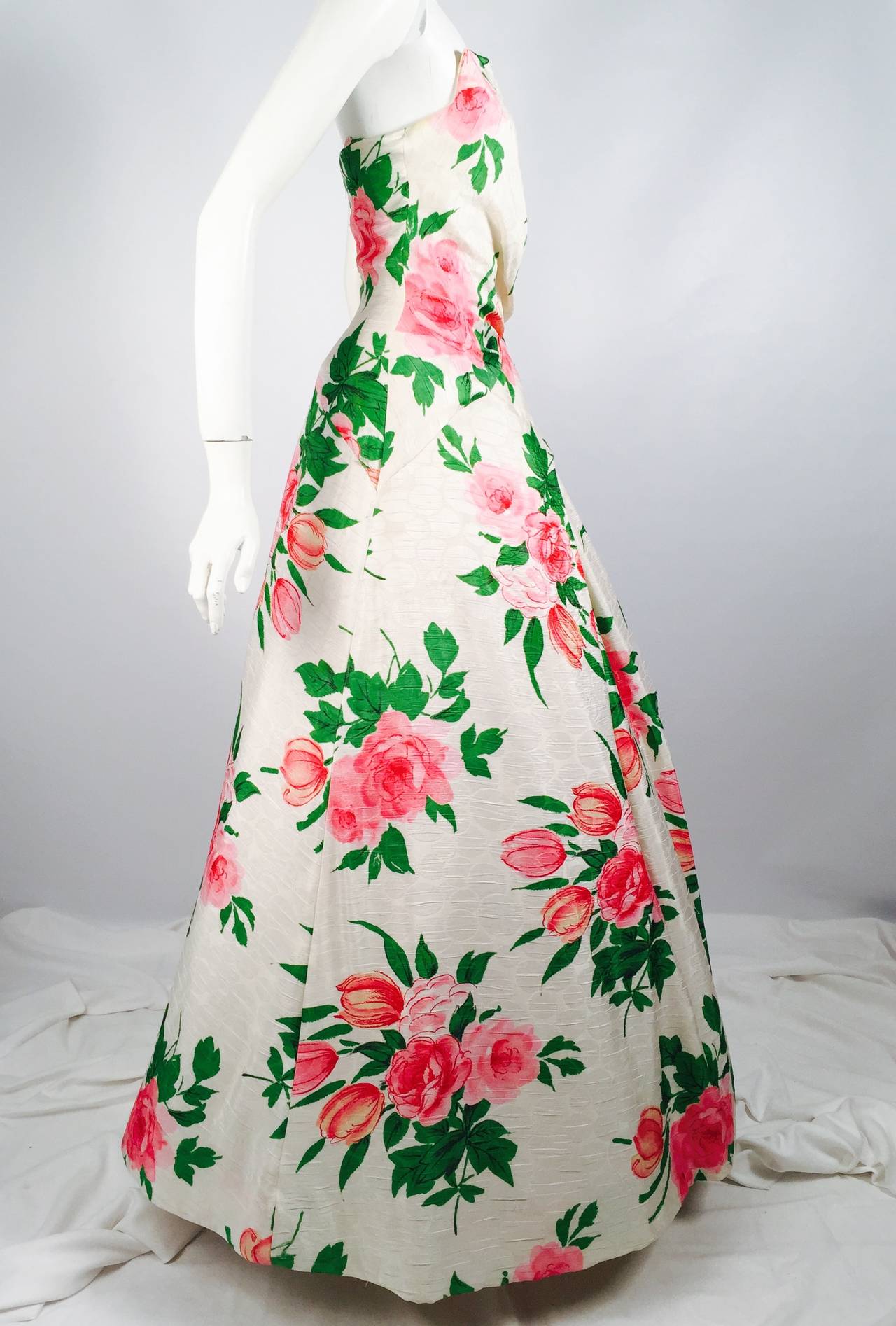 Vintage Scaasi Boutique Strapless Silk Floral Ball Gown In Excellent Condition For Sale In Palm Beach, FL