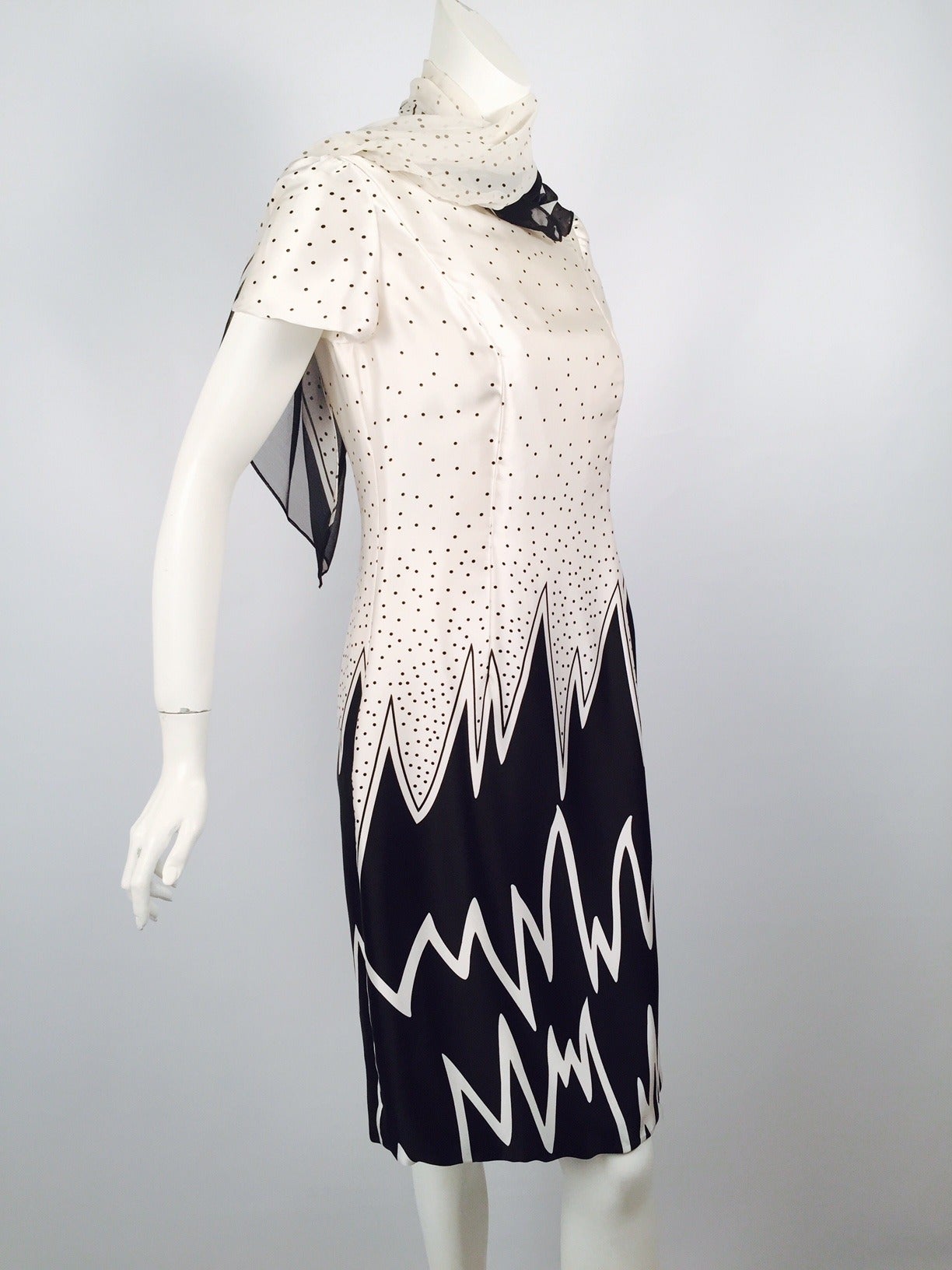 Women's 100% Silk Fiandaca Black and White Polka Dots and Flames Dress For Sale