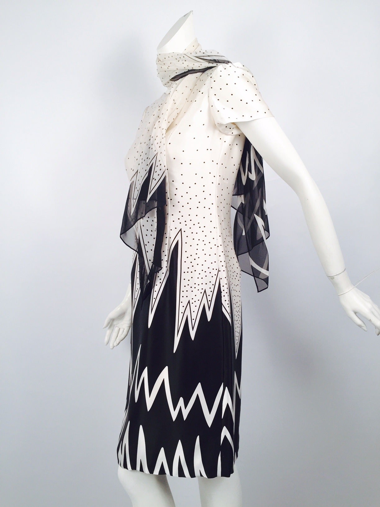 100% Silk Fiandaca Black and White Polka Dots and Flames Dress For Sale 1