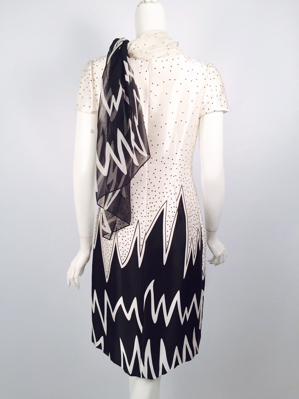 Gray 100% Silk Fiandaca Black and White Polka Dots and Flames Dress For Sale