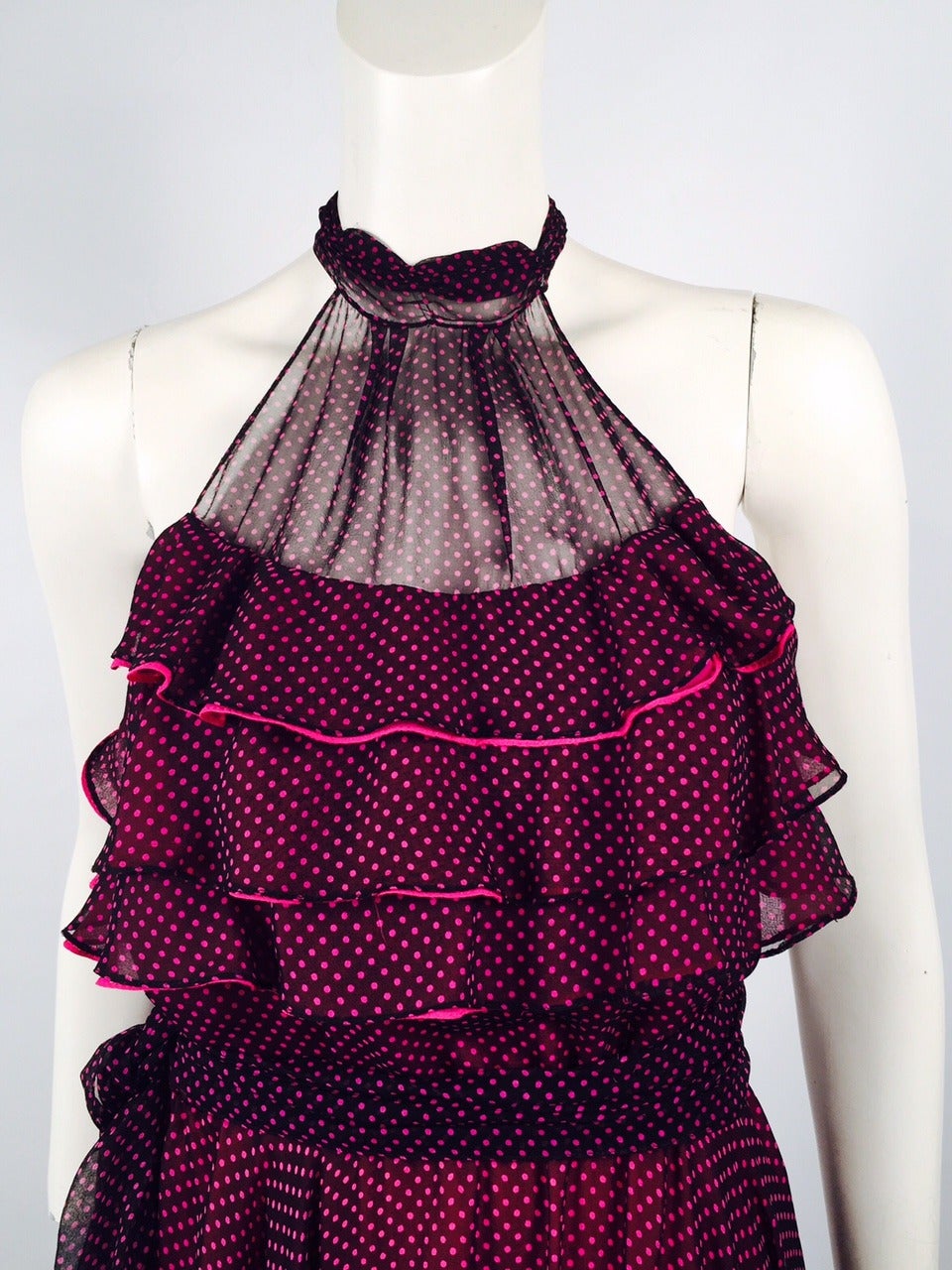 New 100% Silk Fiandaca Fuschia and Black Polka Dot Halter Dress For Sale 1