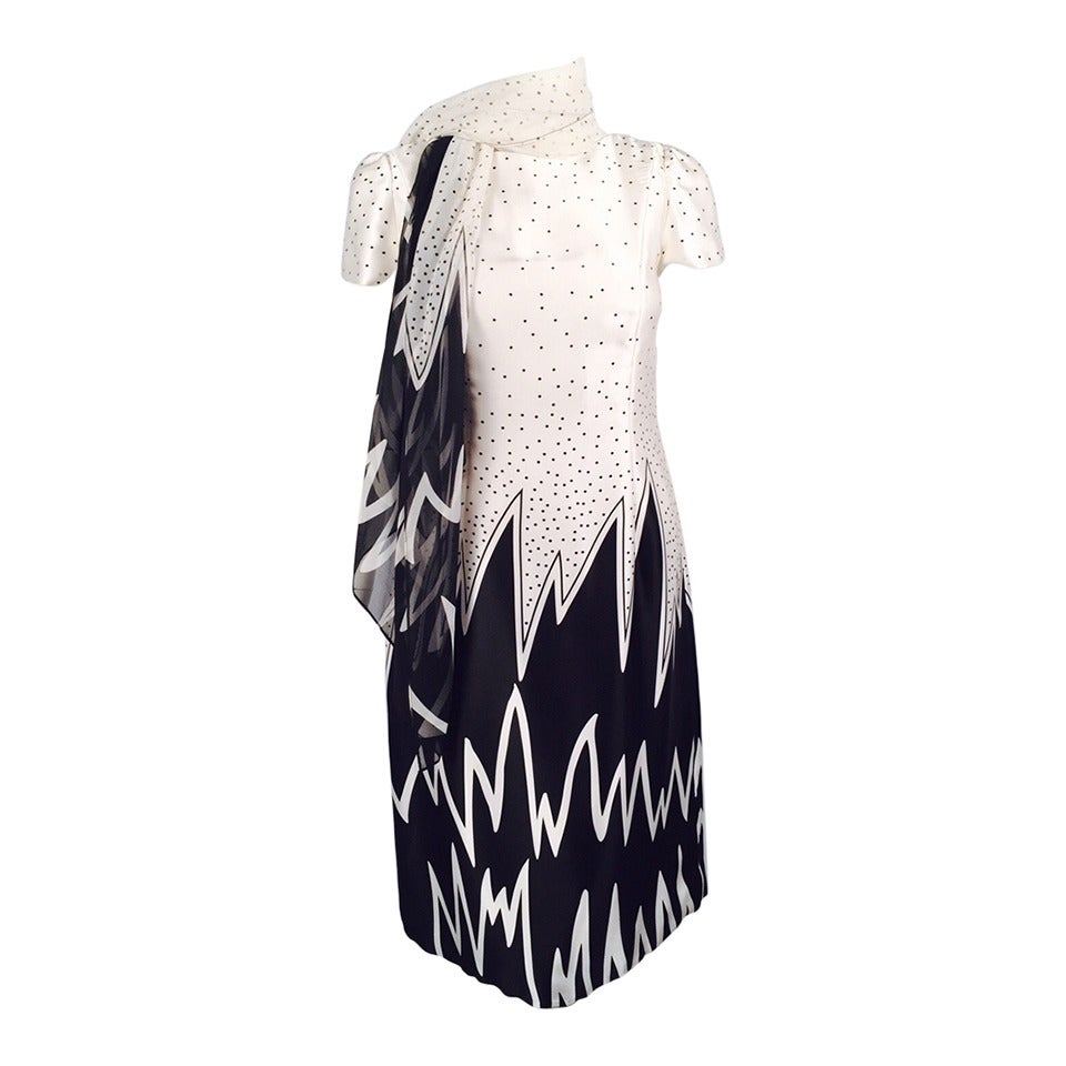 100% Silk Fiandaca Black and White Polka Dots and Flames Dress For Sale