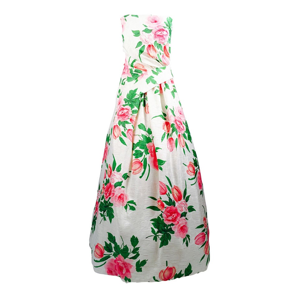 Vintage Scaasi Boutique Strapless Silk Floral Ball Gown For Sale