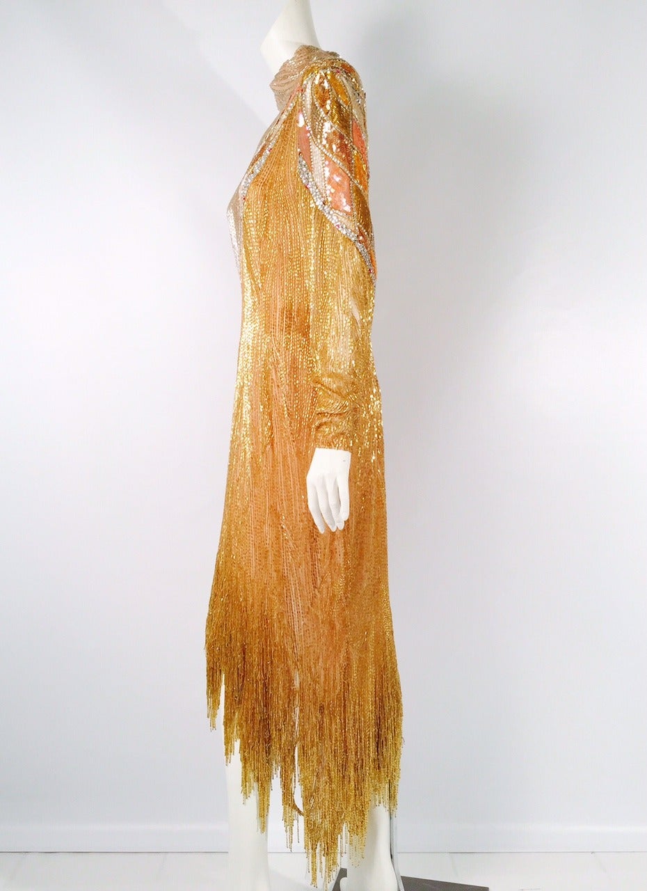 Brown Vintage Bob Mackie Long Sleeve Beaded Evening Dress For Sale