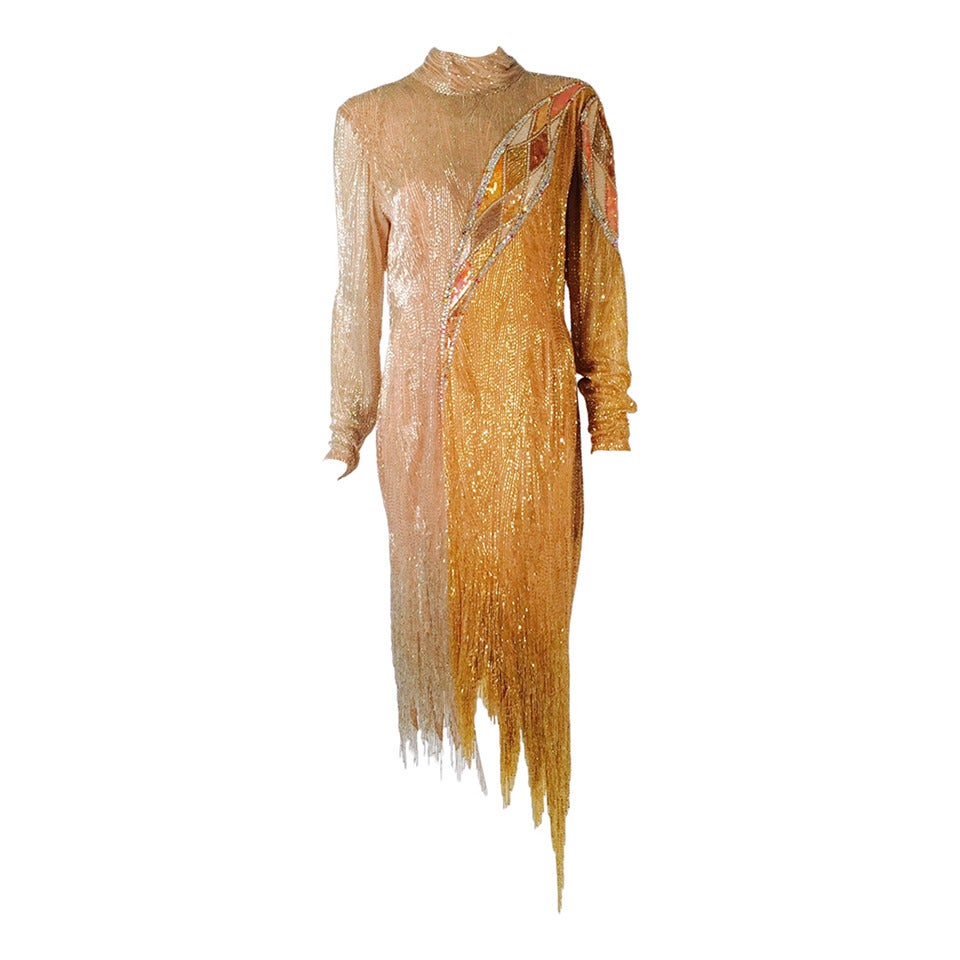 Vintage Bob Mackie Long Sleeve Beaded Evening Dress For Sale