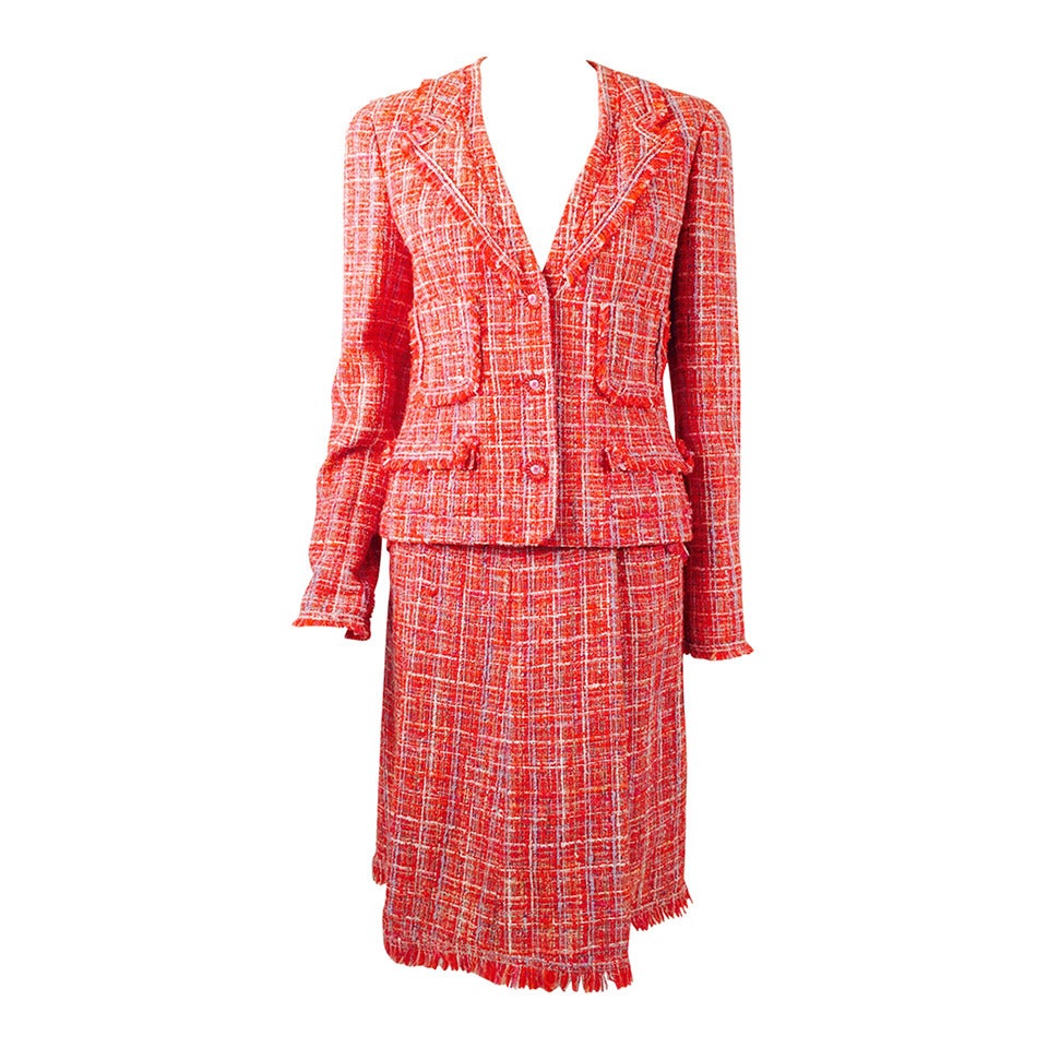 Chanel 2004 Spring Fringe Tweed Skirt Suit For Sale