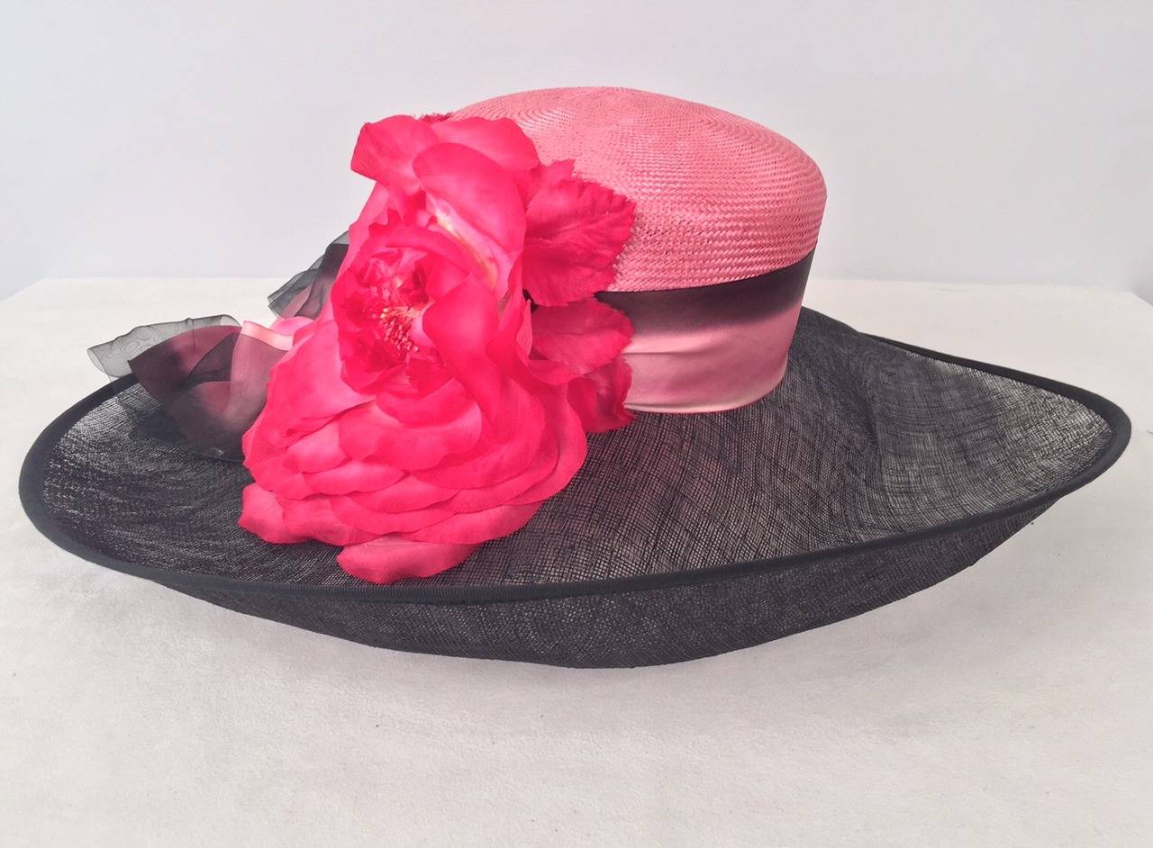 New Louis Green Wide Brimmed Black and Pink Hat In New Condition In Palm Beach, FL