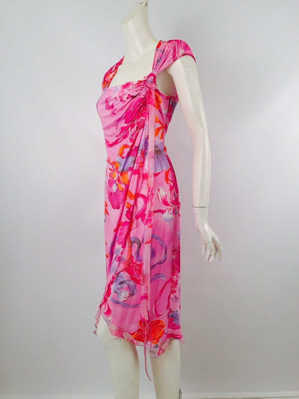 Women's Emanuel Ungaro Pink Floral Bias Cut Wrap Dress For Sale
