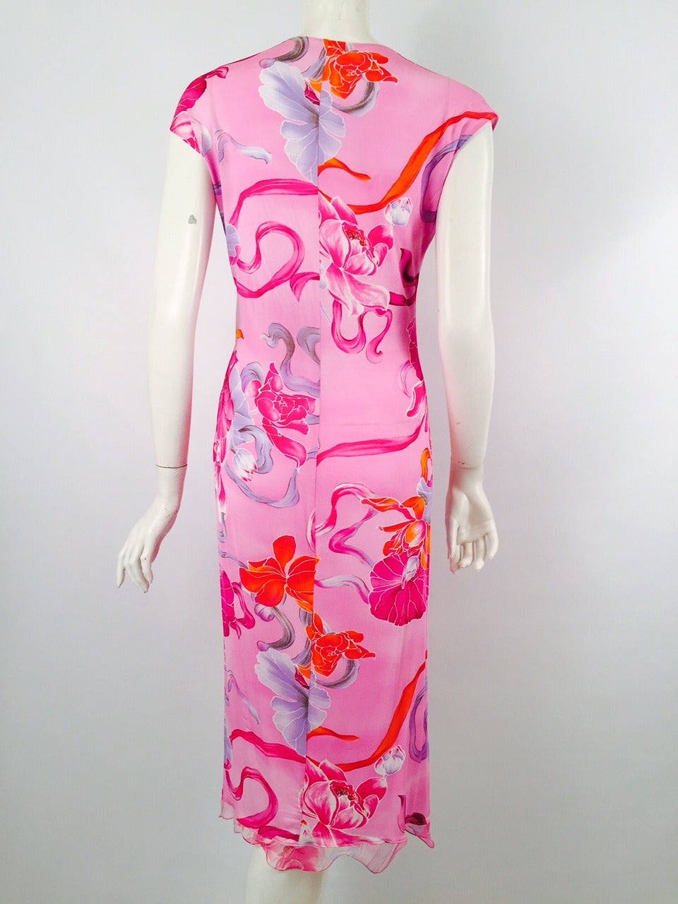 Emanuel Ungaro Pink Floral Bias Cut Wrap Dress In Excellent Condition For Sale In Palm Beach, FL