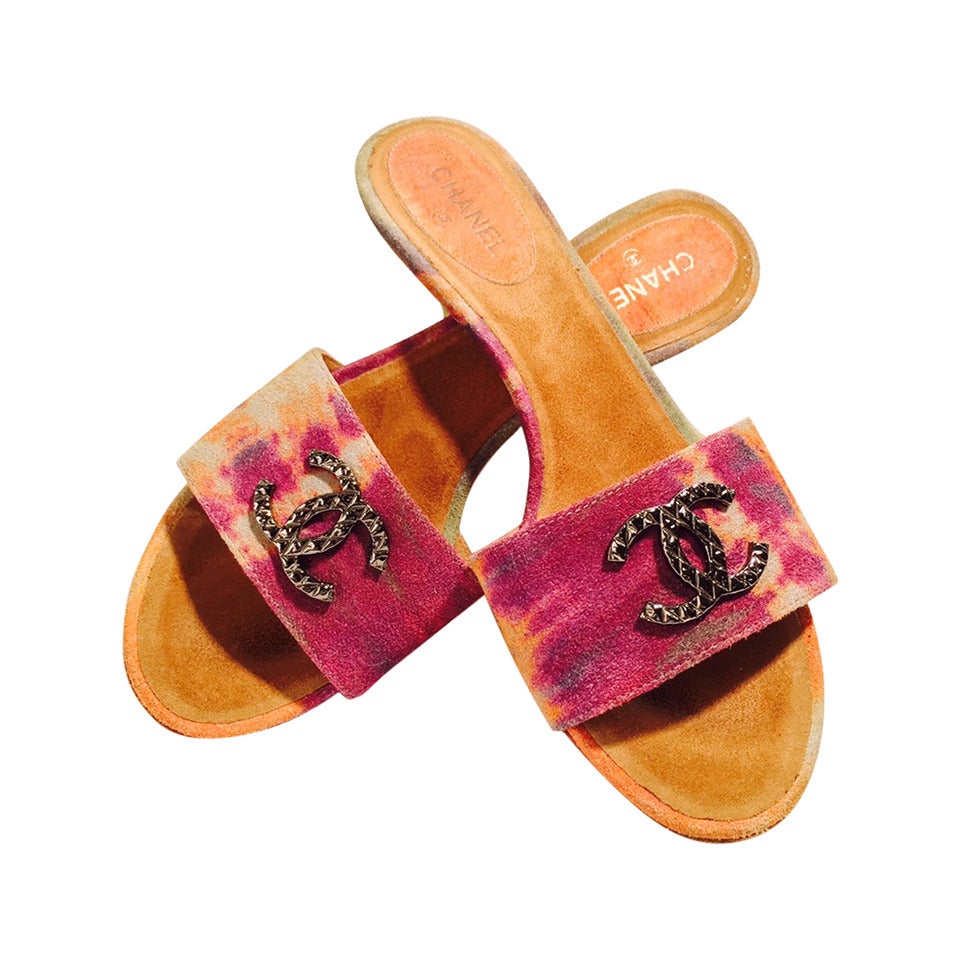 Chanel Multi Color Tie Dye Suede Slides For Sale