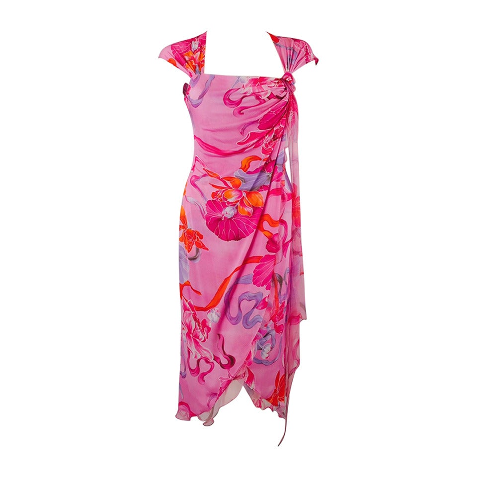 Emanuel Ungaro Pink Floral Bias Cut Wrap Dress For Sale
