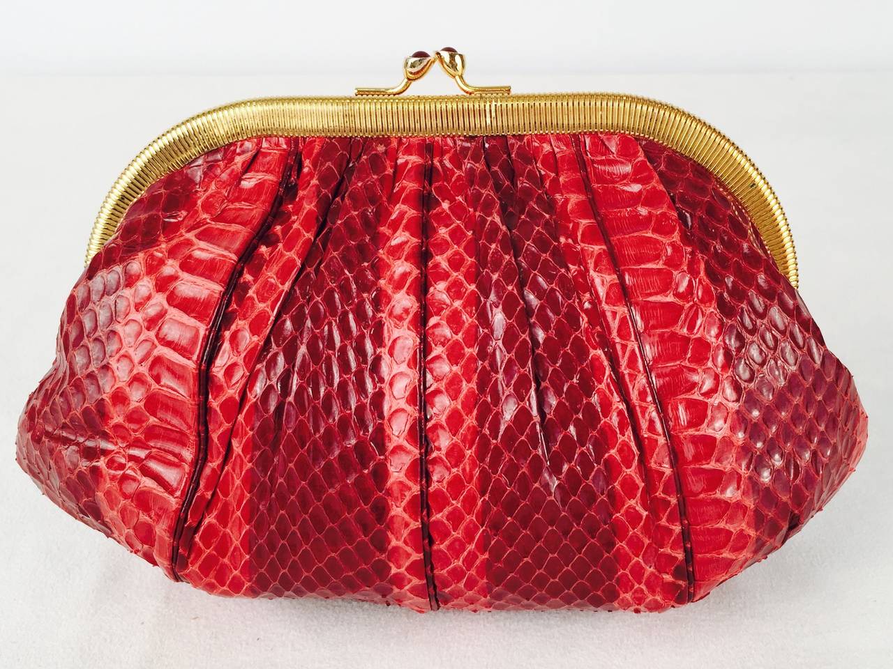 Women's Judith Leiber Burgundy and Berry Snakeskin Evening Bag With Jeweled Clasp For Sale