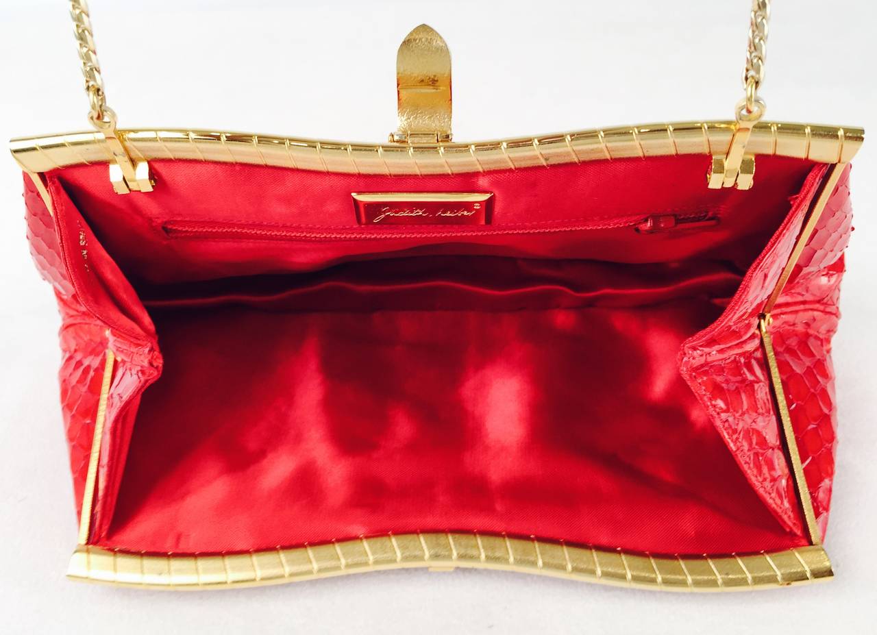 Judith Leiber Red Snakeskin Evening Bag With Jeweled Clasp For Sale 1