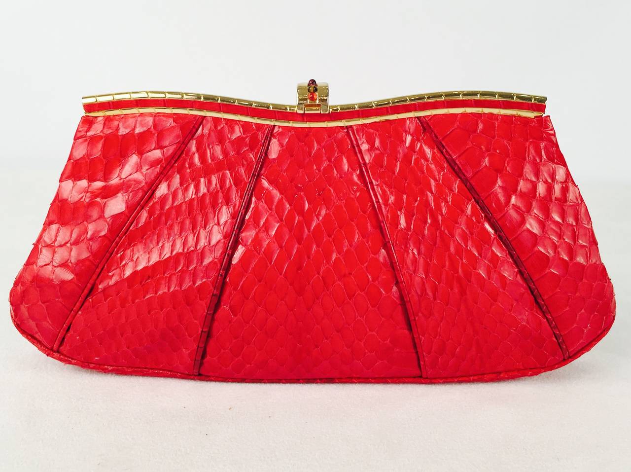 Women's Judith Leiber Red Snakeskin Evening Bag With Jeweled Clasp For Sale