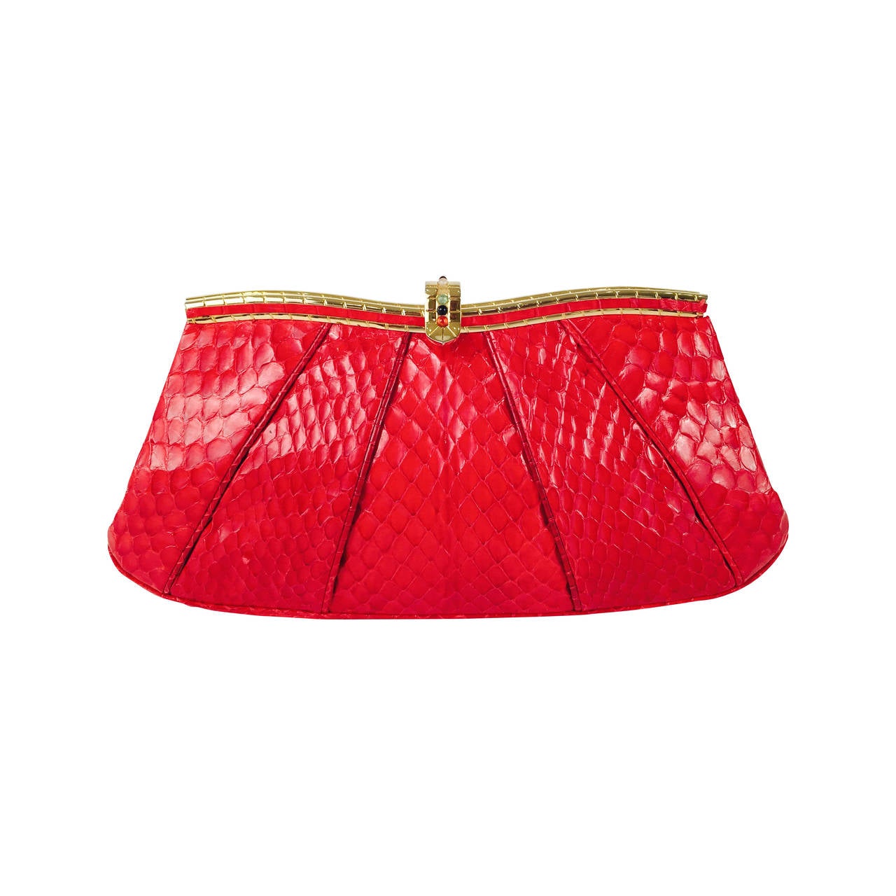 Judith Leiber Red Snakeskin Evening Bag With Jeweled Clasp For Sale
