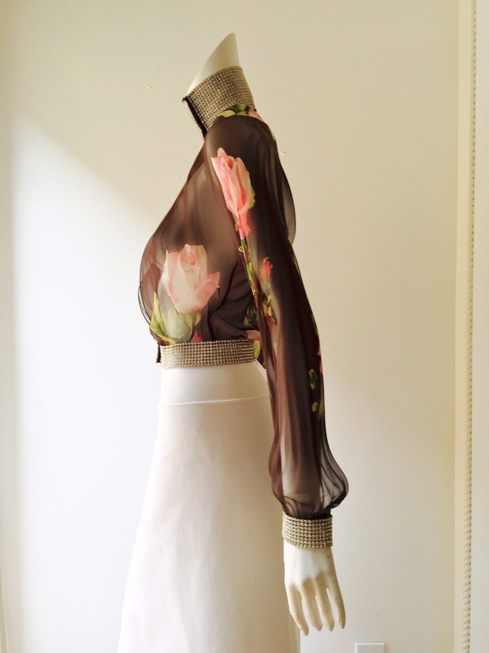 Women's Dolce & Gabbana Silk Chiffon Blouse With Rhinestone Collar and Cuffs For Sale