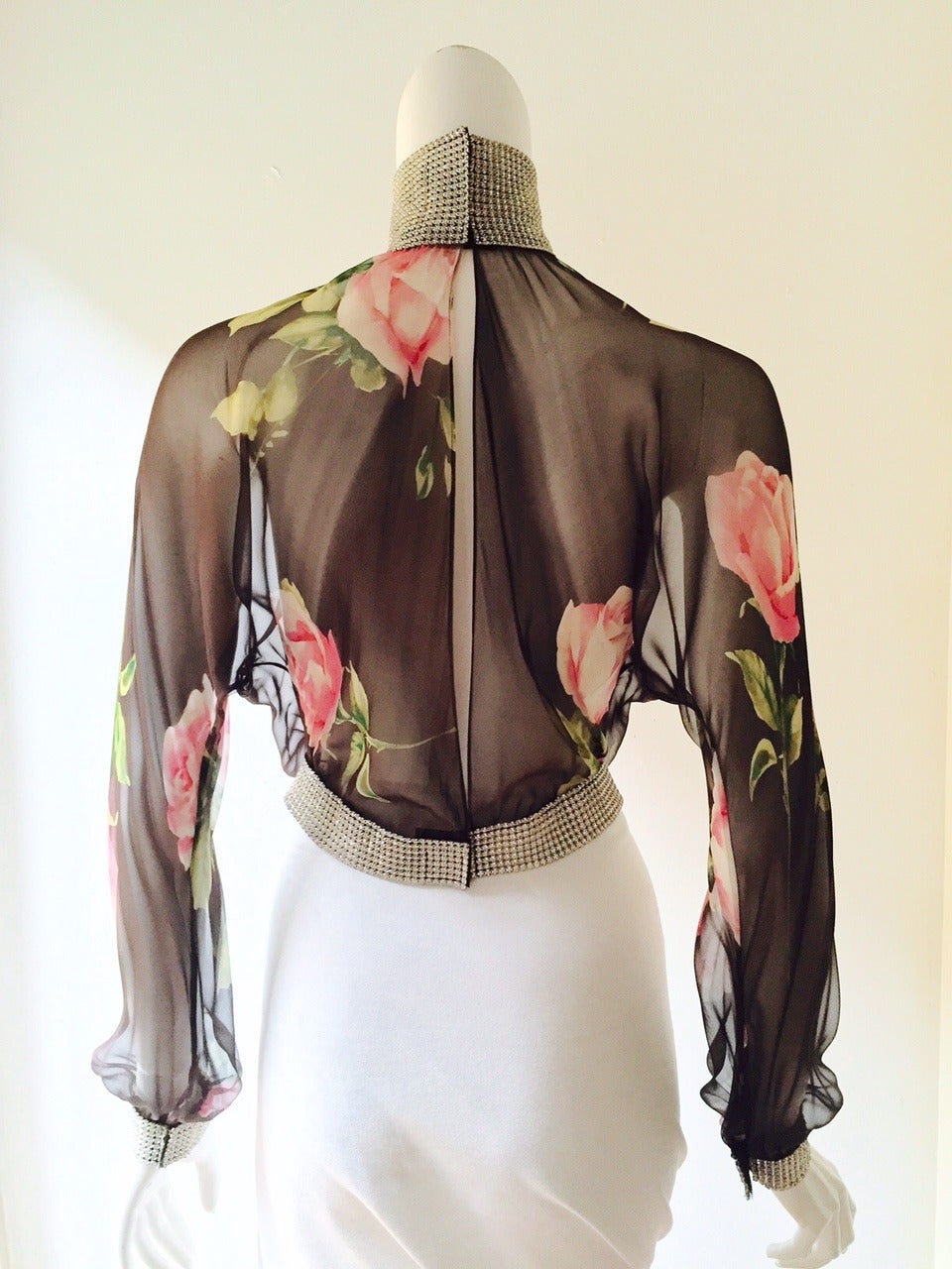 Dolce & Gabbana Silk Chiffon Blouse With Rhinestone Collar and Cuffs In Excellent Condition For Sale In Palm Beach, FL