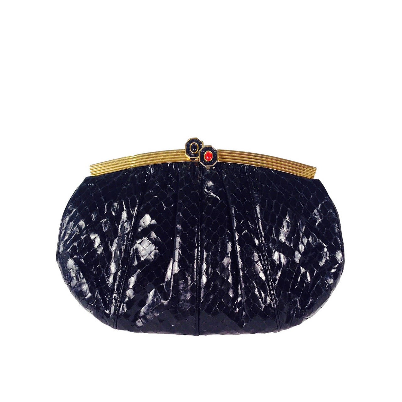 Vintage Judith Leiber Black Snakeskin Evening Bag With Jeweled Clasp For Sale