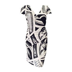 Emilio Pucci Black Grey and White Print Cap Sleeve Sheath Dress