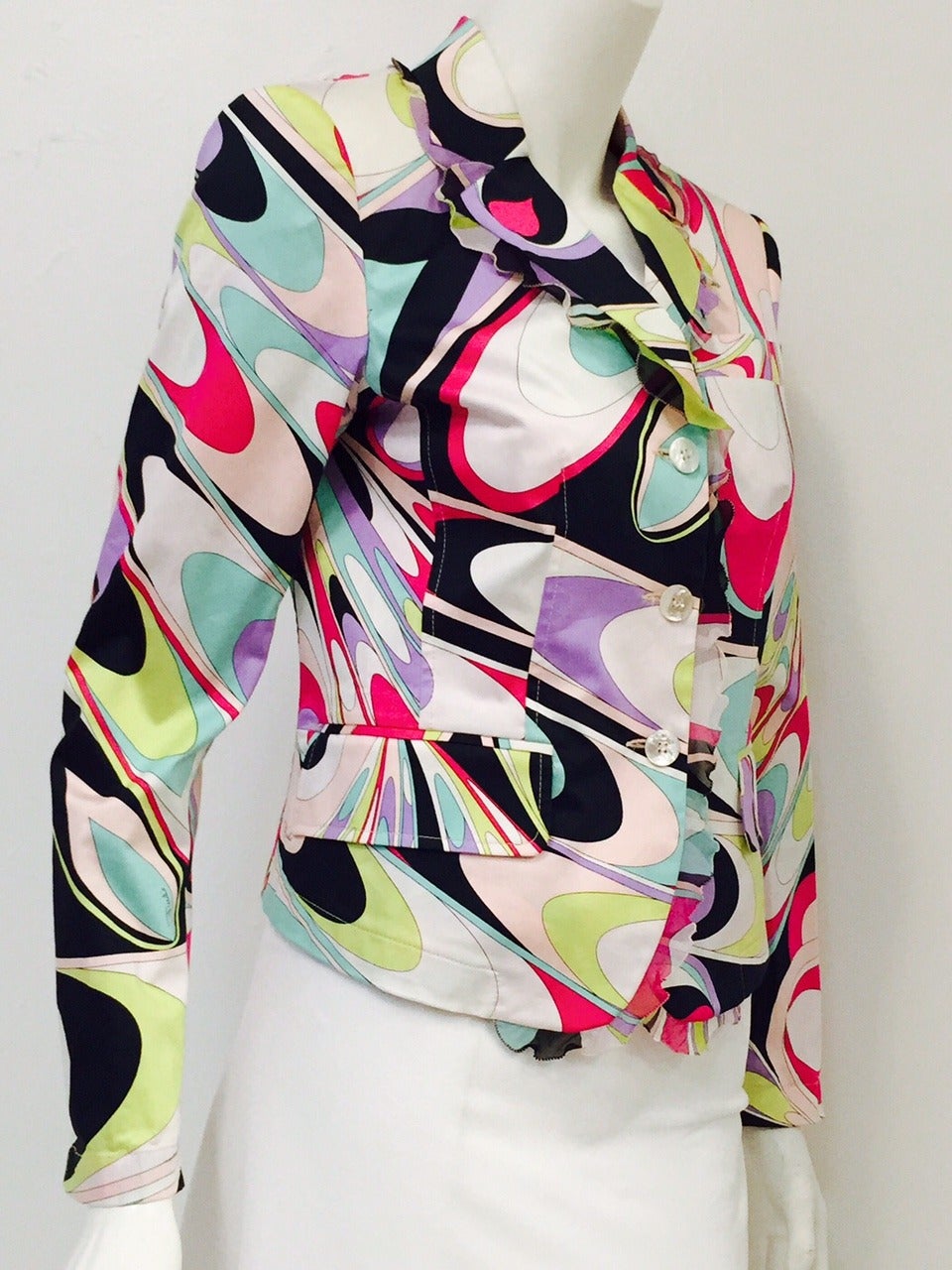 Pucci Print Fitted Cotton Jacket With Lettuce Trim In Excellent Condition For Sale In Palm Beach, FL
