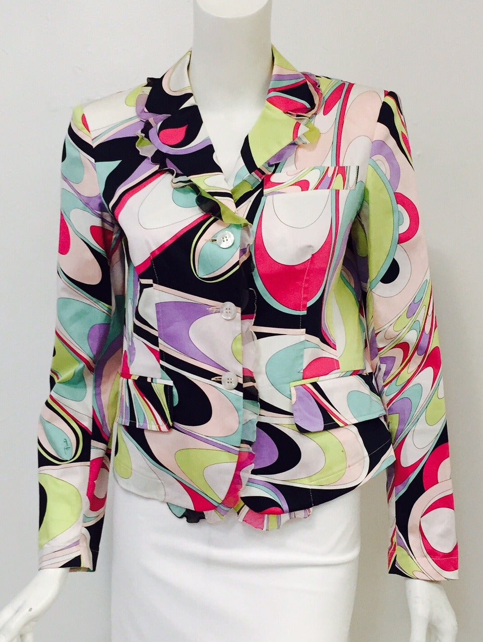 Fitted Cotton Jacket With Lettuce Trim is a must for collectors and aficionado's of all things Pucci!  Features undeniably multi color 