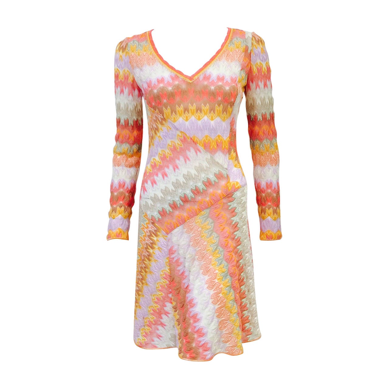 Amazing Missoni Multicolor Long Sleeve Bias Cut Knit Dress