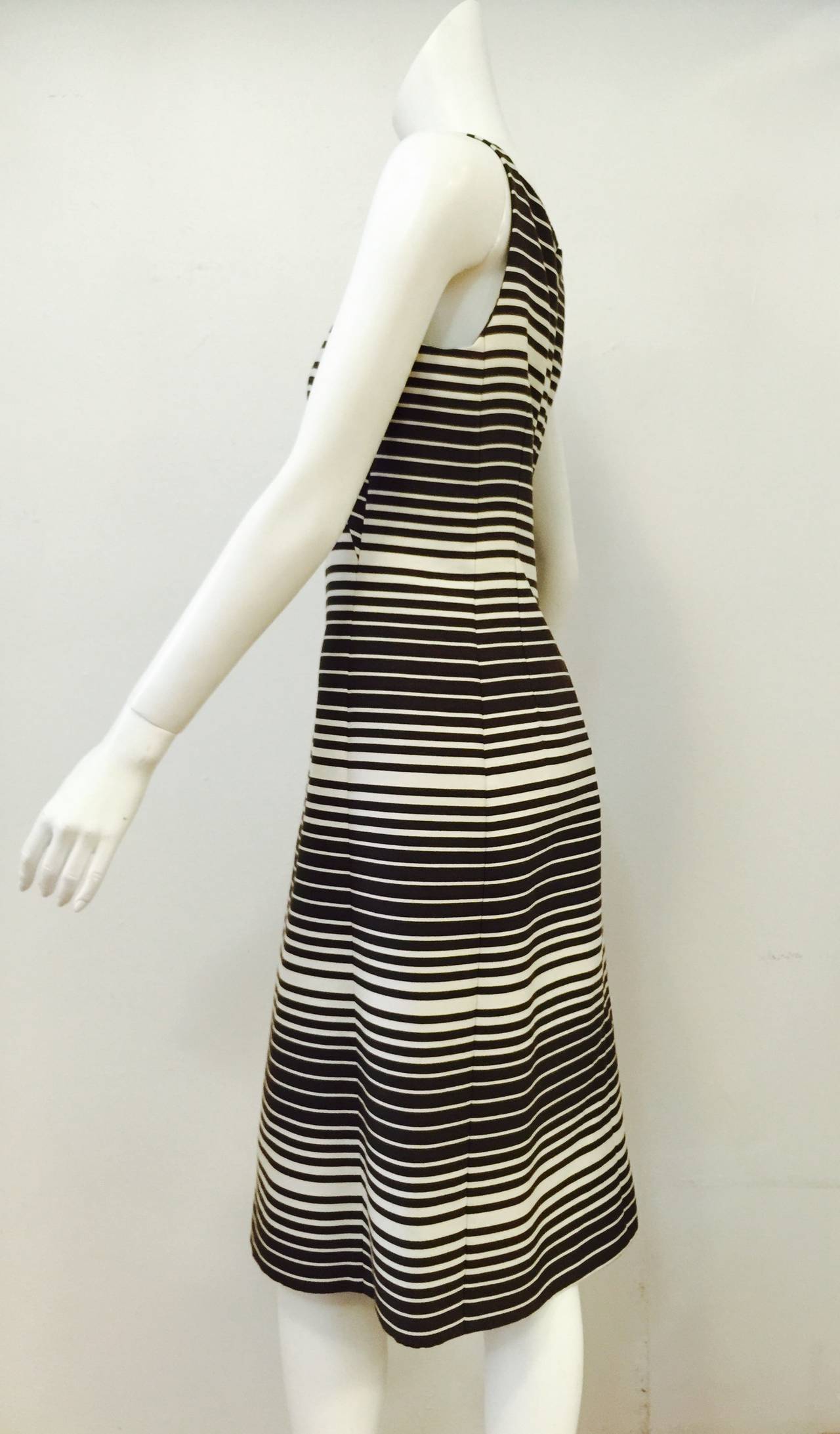 Akris Punto for Bergdorf Goodman Striped Sleeveless Shift is sensible chic at its best!  Fully lined dress features comfortable a-line silhouette, tank straps, square neckline, graduated horizontal stripes in chocolate and cream.  Slightly nipped