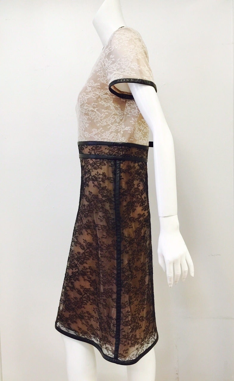 Valentino Runway Leather Trimmed Silk Lace Cocktail Dress In Excellent Condition For Sale In Palm Beach, FL