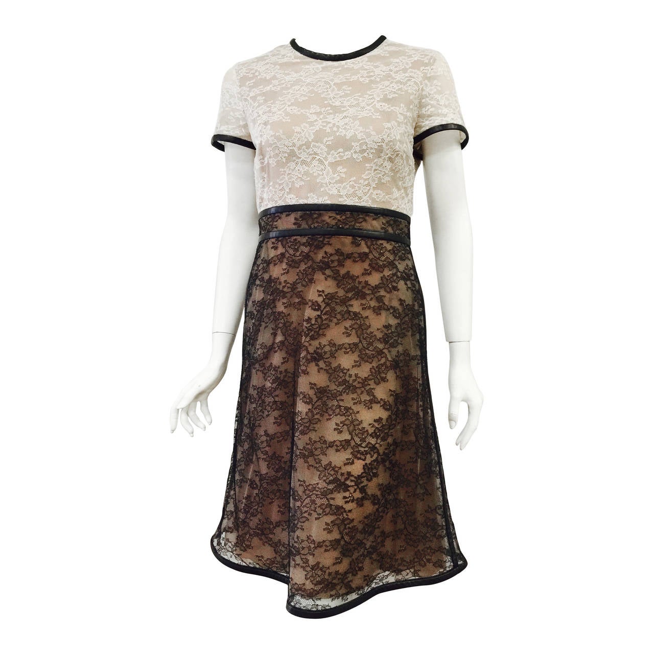 Valentino Runway Leather Trimmed Silk Lace Cocktail Dress For Sale