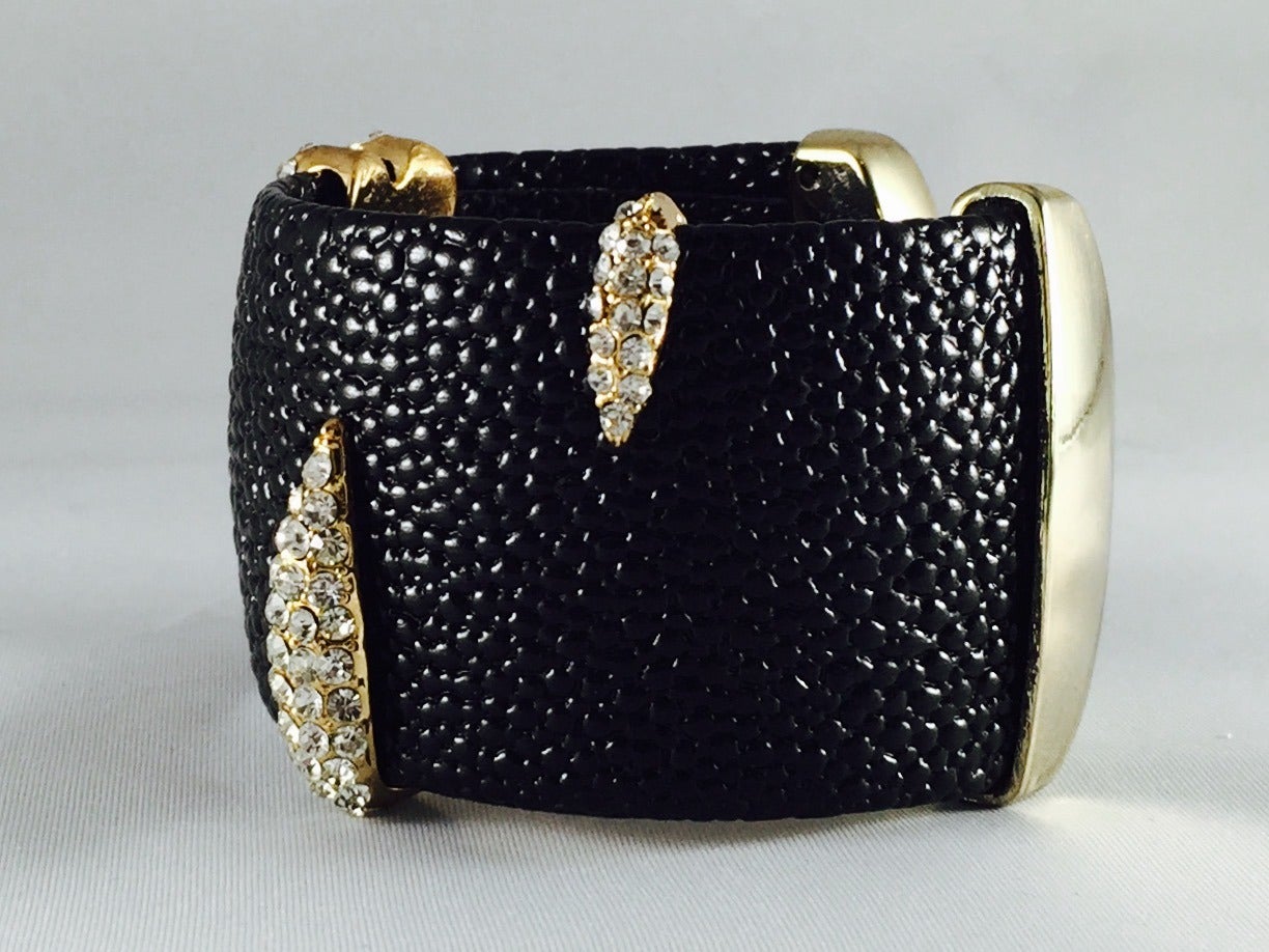 New Black Shagreen Cuff With Pave Swarovski Zirconia Stations In New Condition In Palm Beach, FL
