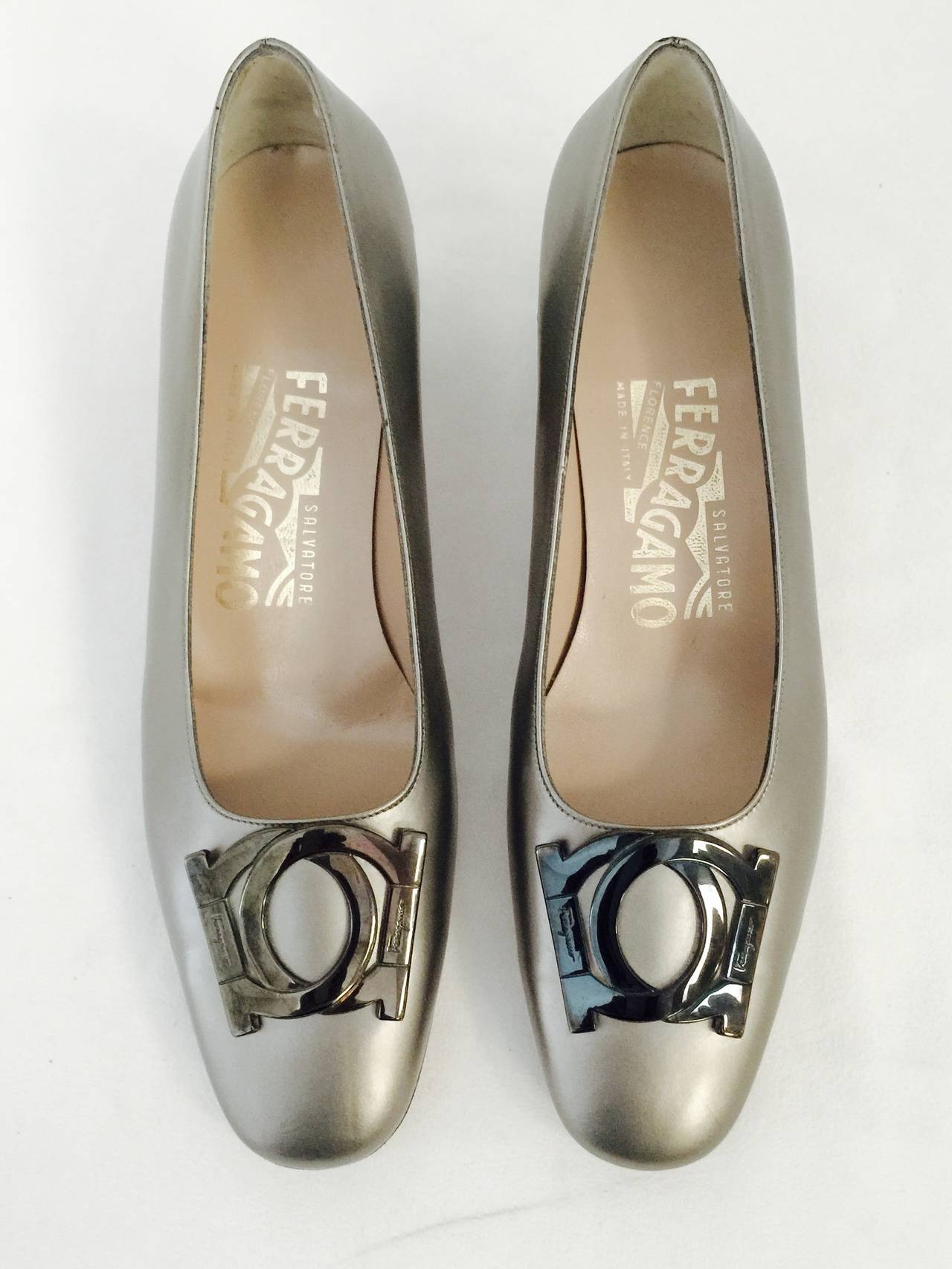 Women's New Salvatore Ferragamo Metallic Pewter Gancio Buckle Pumps