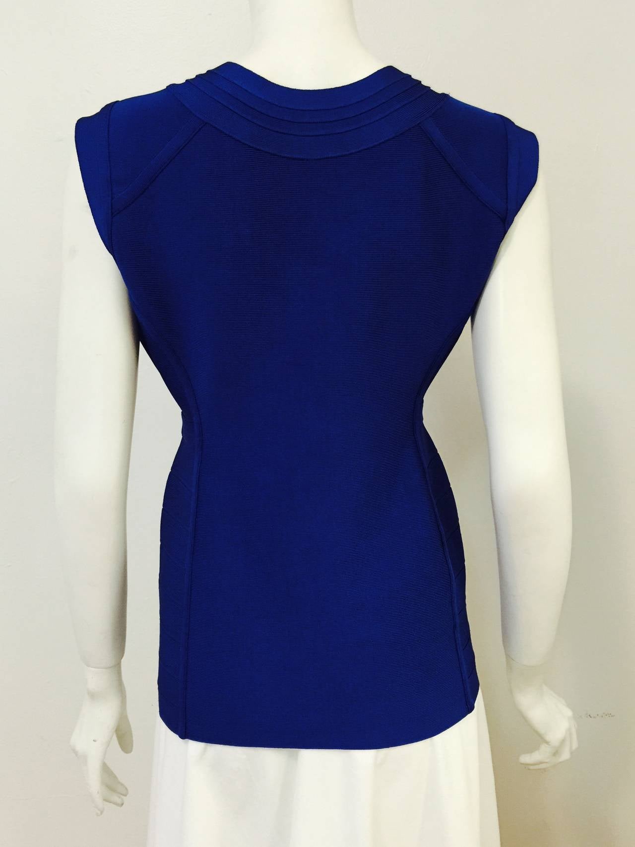 Iconic Banded Sapphire Blue Herve Leger Veleka Top In Excellent Condition For Sale In Palm Beach, FL
