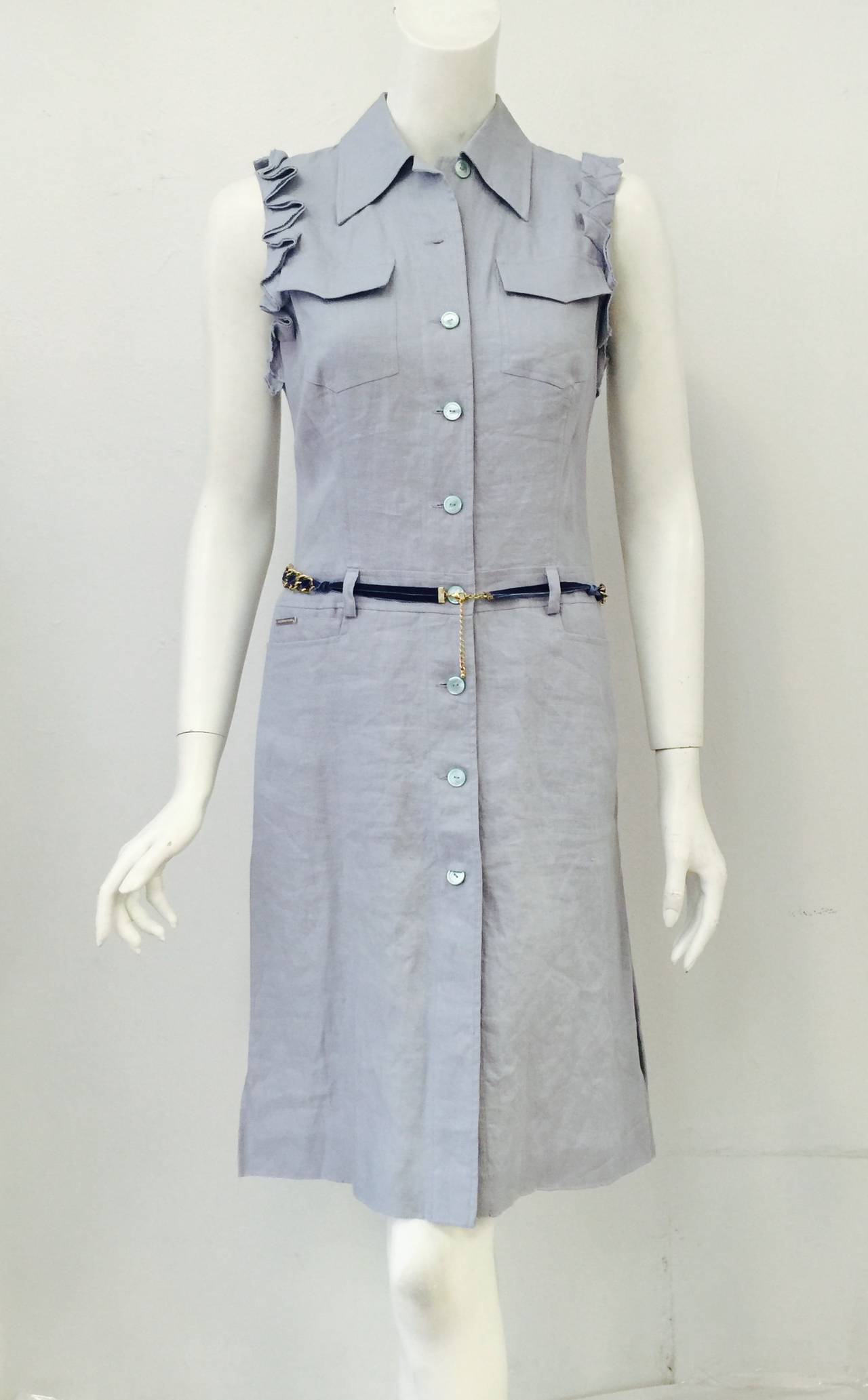 Valentino Jeans Sleeveless Powder Blue 100% Linen Day Dress In Excellent Condition For Sale In Palm Beach, FL