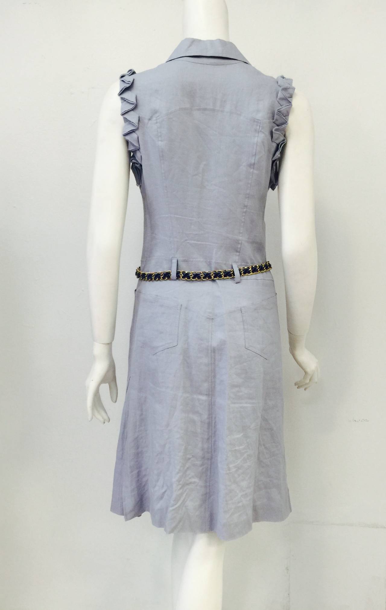 Powder Blue 100% Linen Day Dress proves that Valentino is much more than Red Carpet!  Features ultra-luxurious 100% linen fabric, sleeveless design, and dropped waist, a-line, silhouette.  Seven pockets!  Two flap breast pockets complement the
