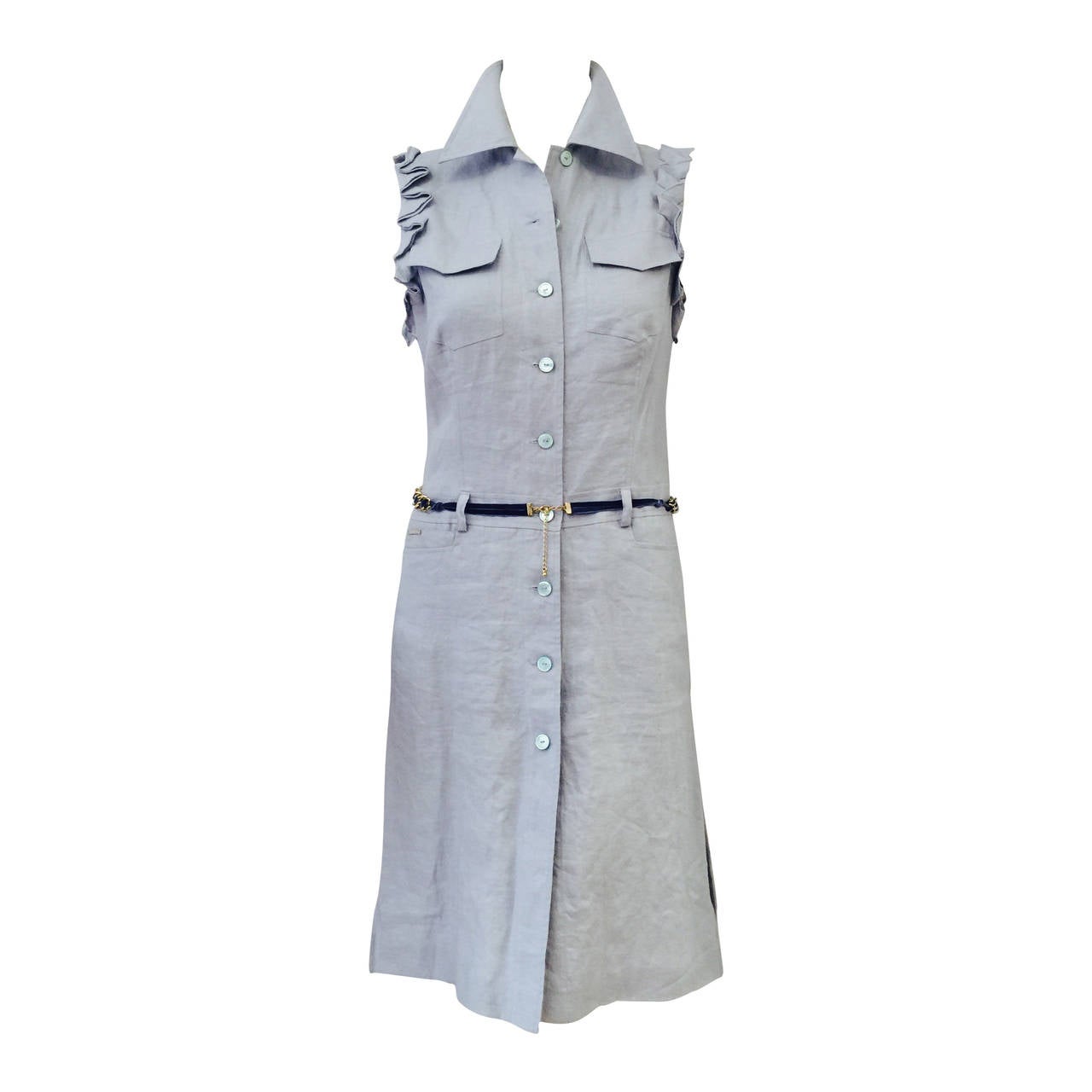 Valentino Jeans Sleeveless Powder Blue 100% Linen Day Dress For Sale