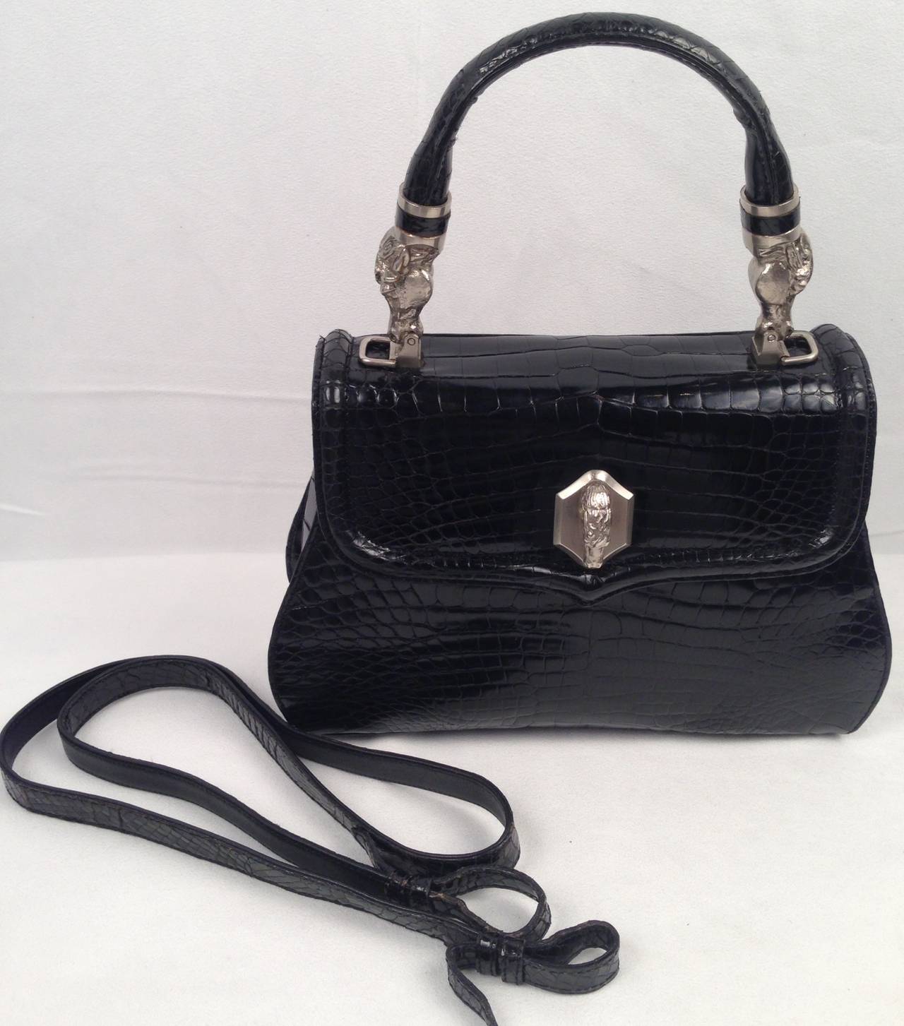 Vintage SISO Black Crocodile Structured Handbag With Horse Head Hardware For Sale 4