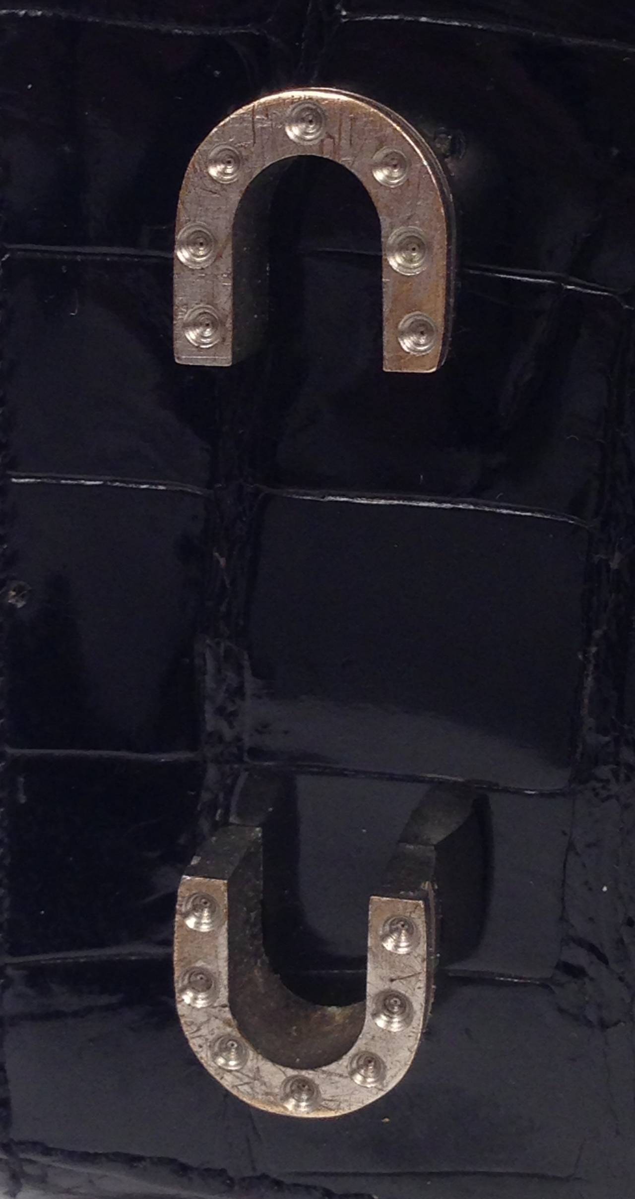 Vintage SISO Black Crocodile Structured Handbag With Horse Head Hardware For Sale 5