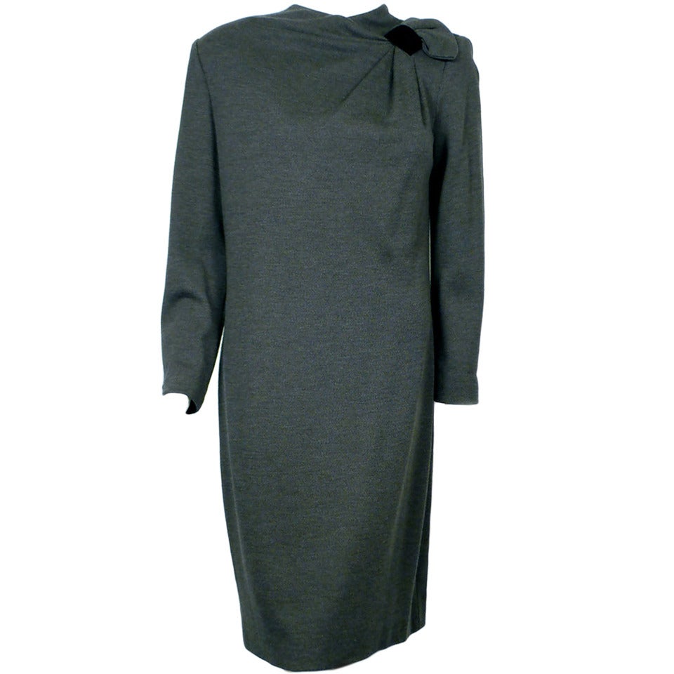Vintage Pierre Balmain Long Sleeve Grey Wool Dress With Velvet Details For Sale