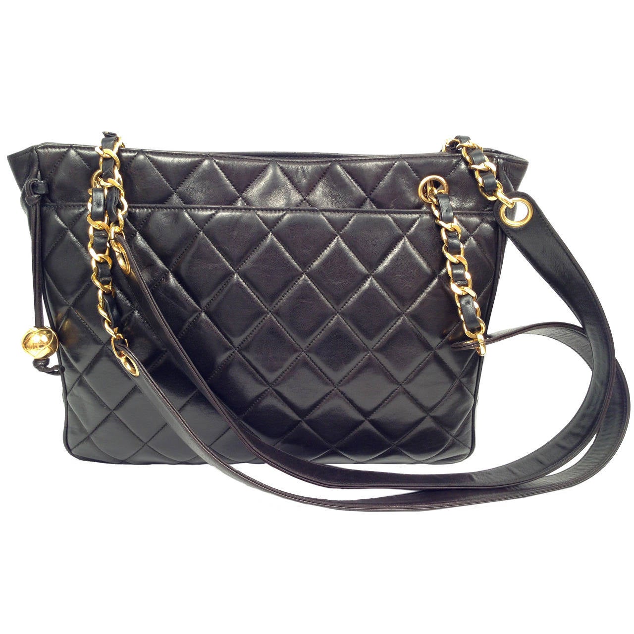 1990's Chanel Quilted Lambskin Tote With Gold Bauble For Sale