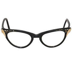 Black Frame "Cat Eyes" Glasses with 12k Yellow Gold Accents on Corners