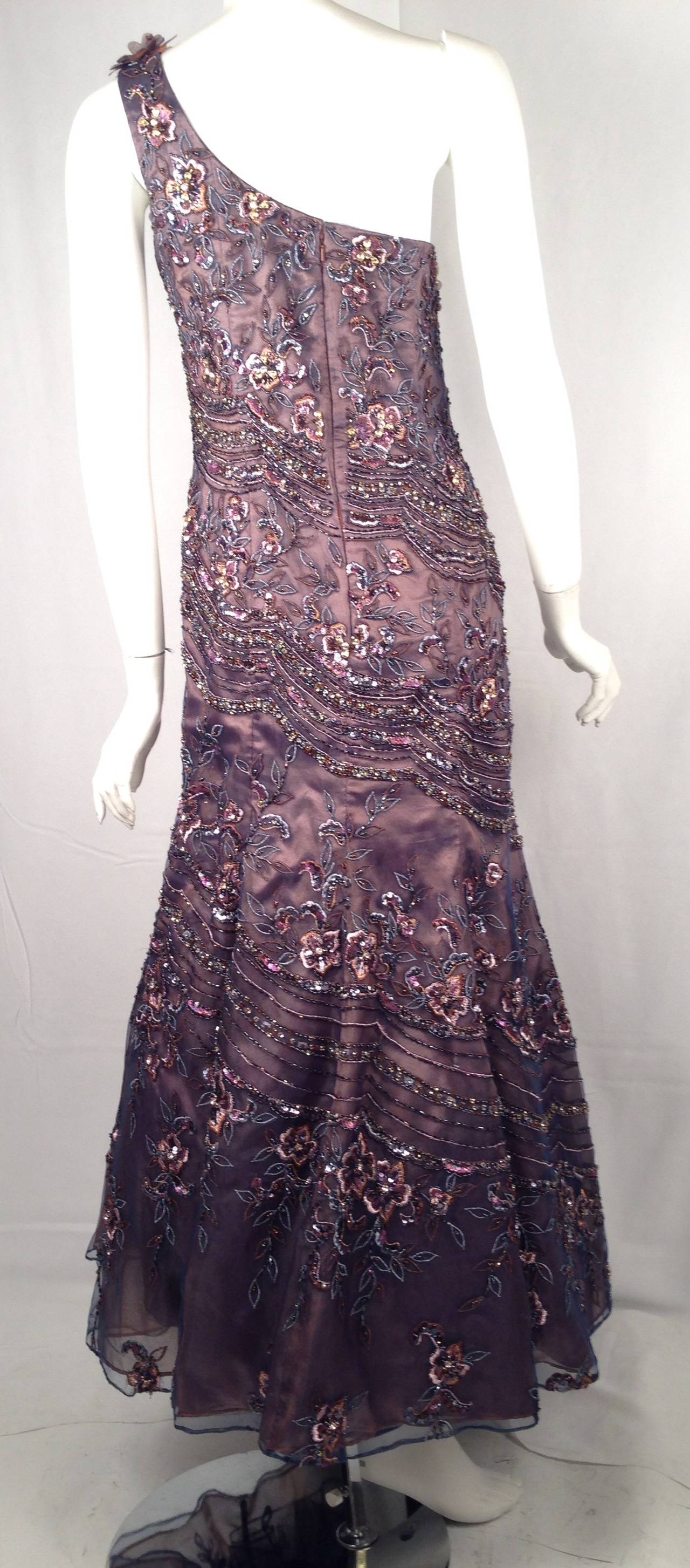 Iridescent One Shoulder YSA Makino Evening Dress In Excellent Condition For Sale In Palm Beach, FL
