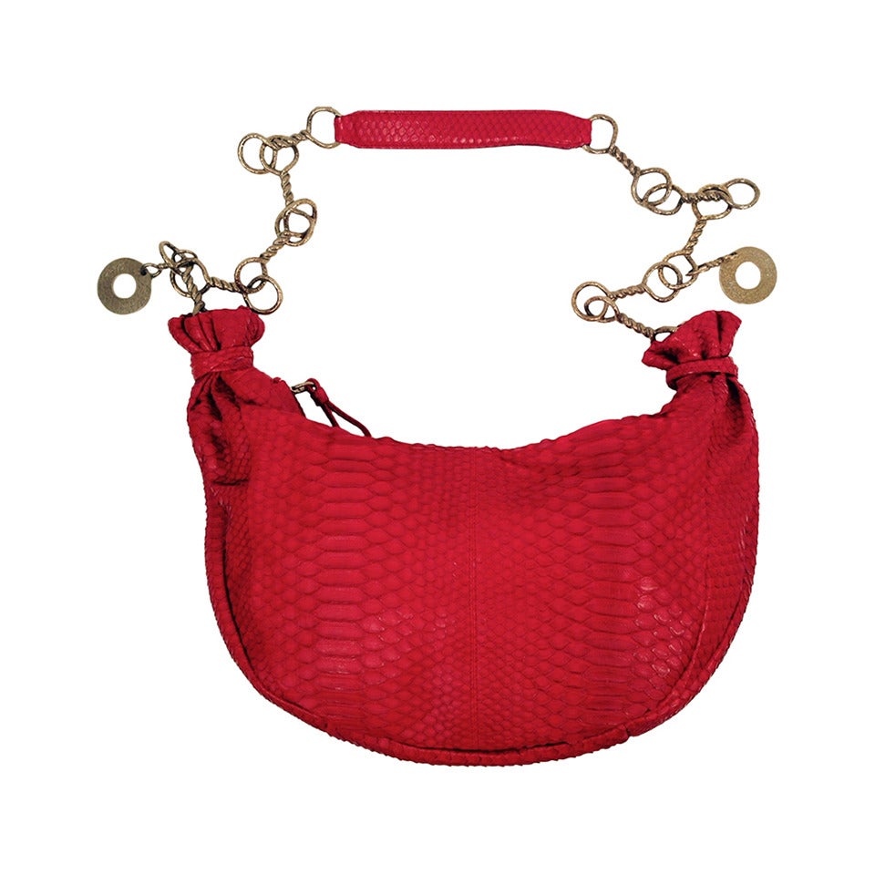 Ferragamo Red Python Tote With Chain Strap For Sale