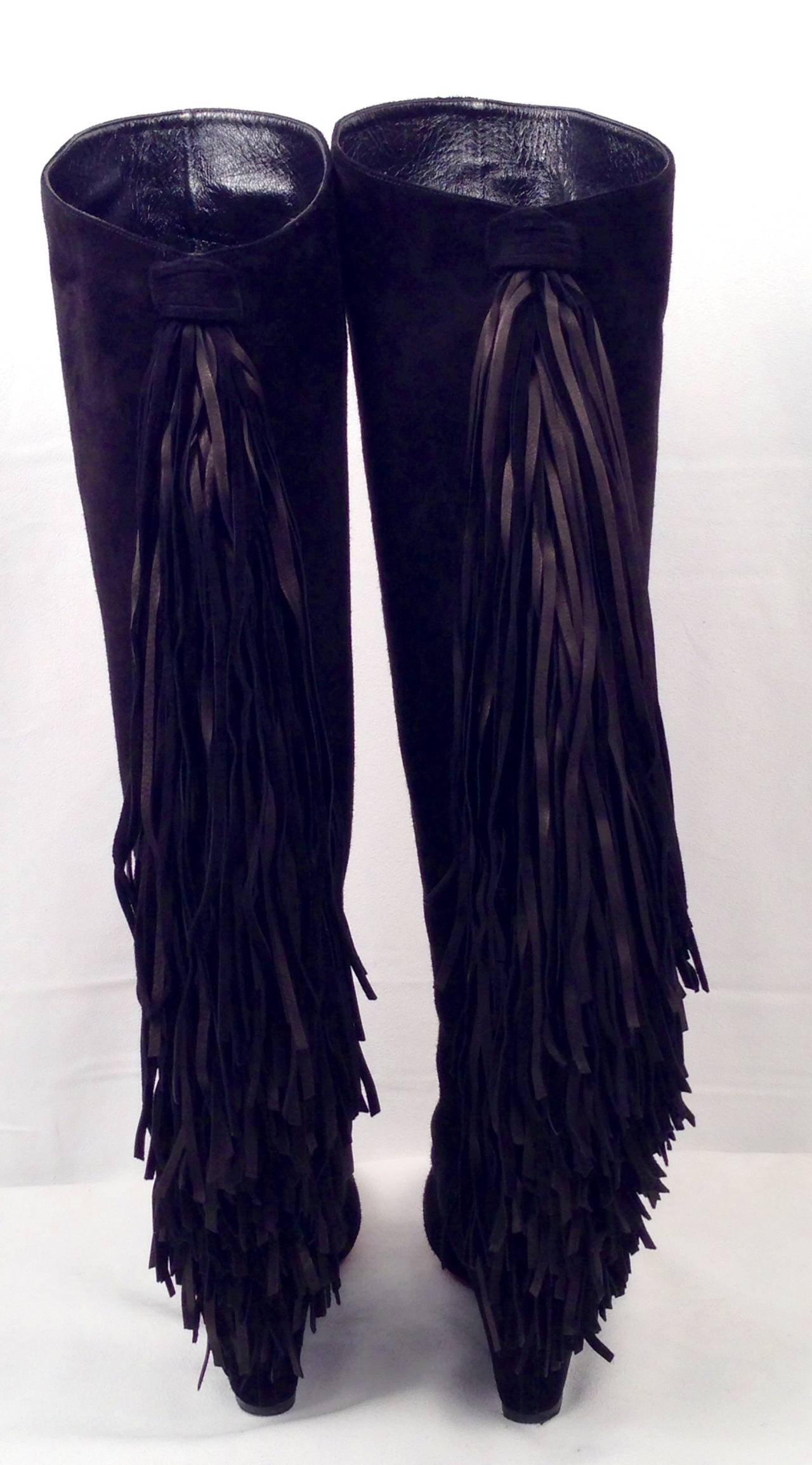 Christian Louboutin Black Suede Knee Boots With Fringe In Excellent Condition For Sale In Palm Beach, FL