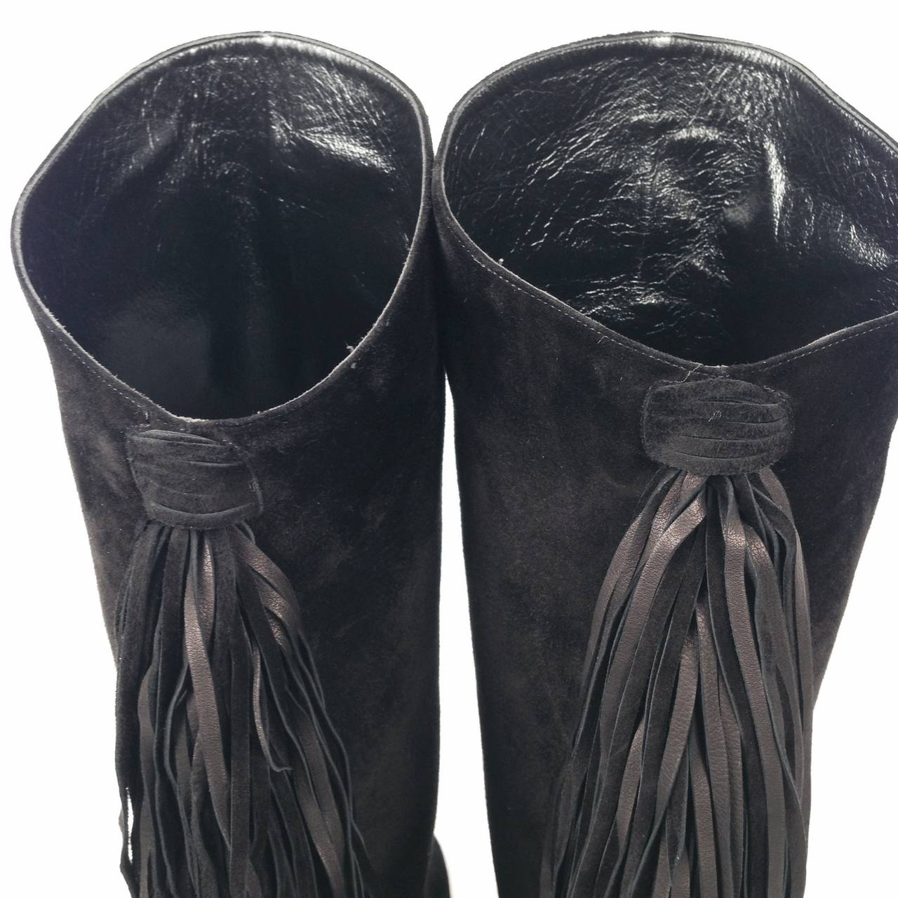Women's Christian Louboutin Black Suede Knee Boots With Fringe For Sale