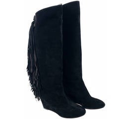 Christian Louboutin Black Suede Knee Boots With Fringe