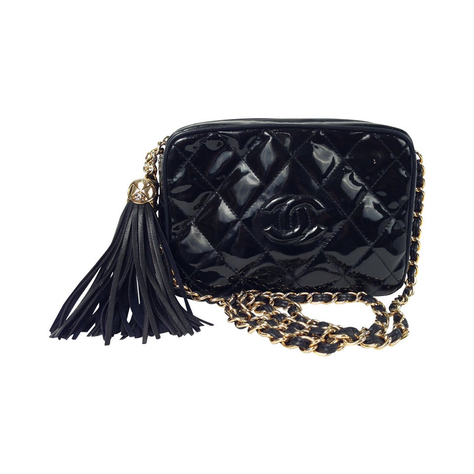 Circa 1990 Vintage Chanel Patent Quilted Leather Camera Bag With Tassel
