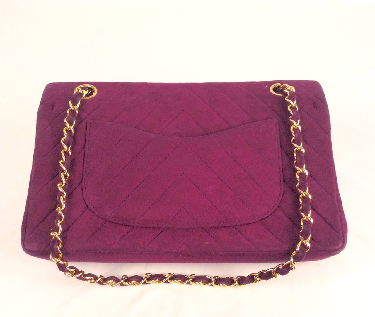 Women's Vintage Chanel Plum Suede Chevron Quilted Double Flap Bag For Sale