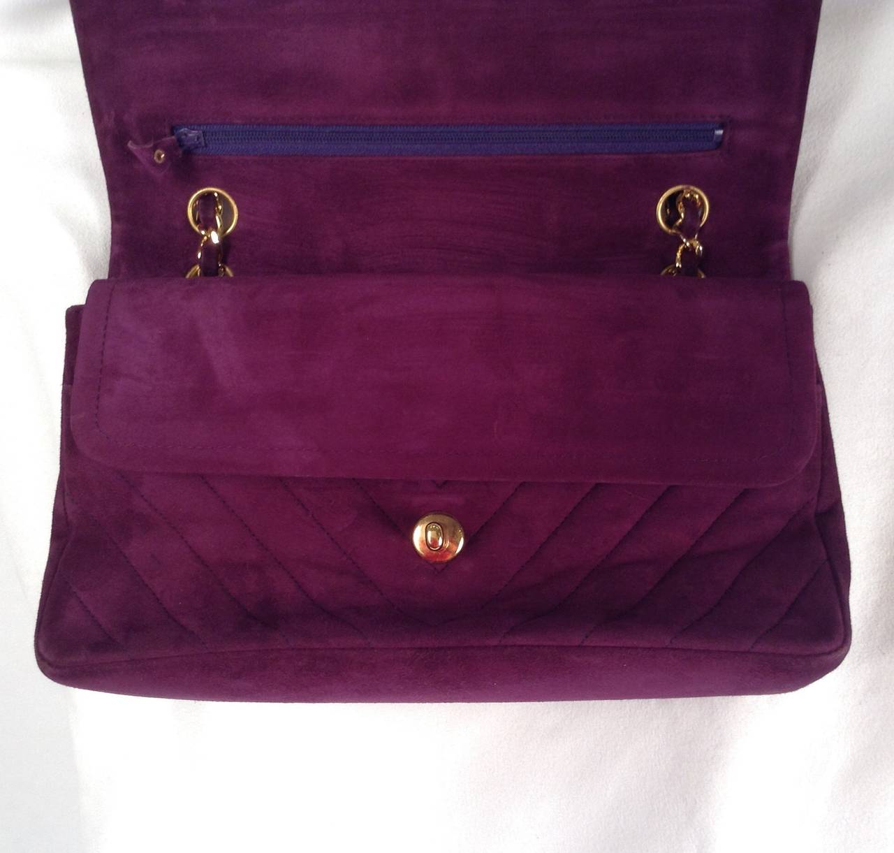 Vintage Chanel Plum Suede Chevron Quilted Double Flap Bag For Sale 1